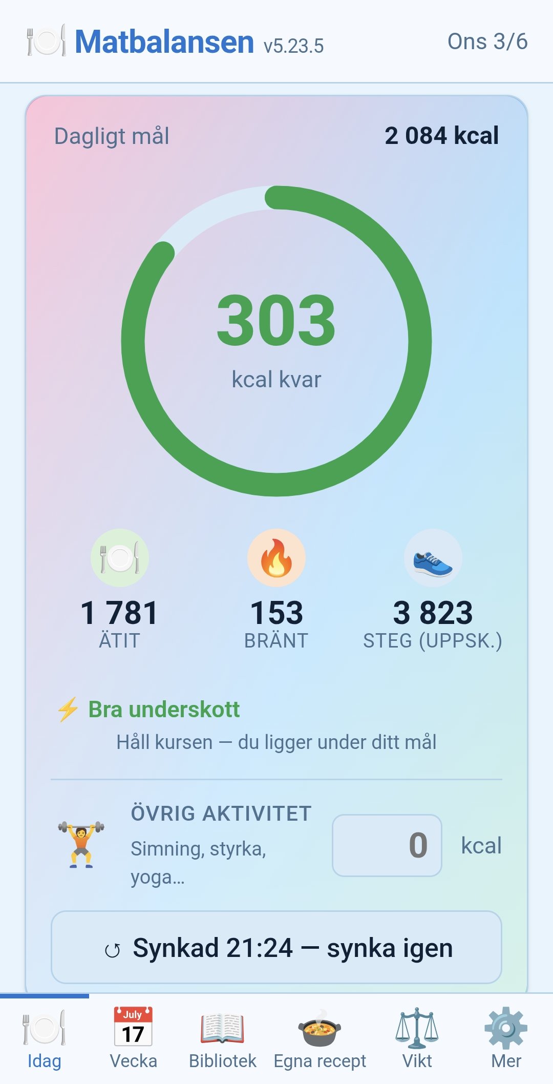 Matbalansen, dagligt mål och kaloriöversikt